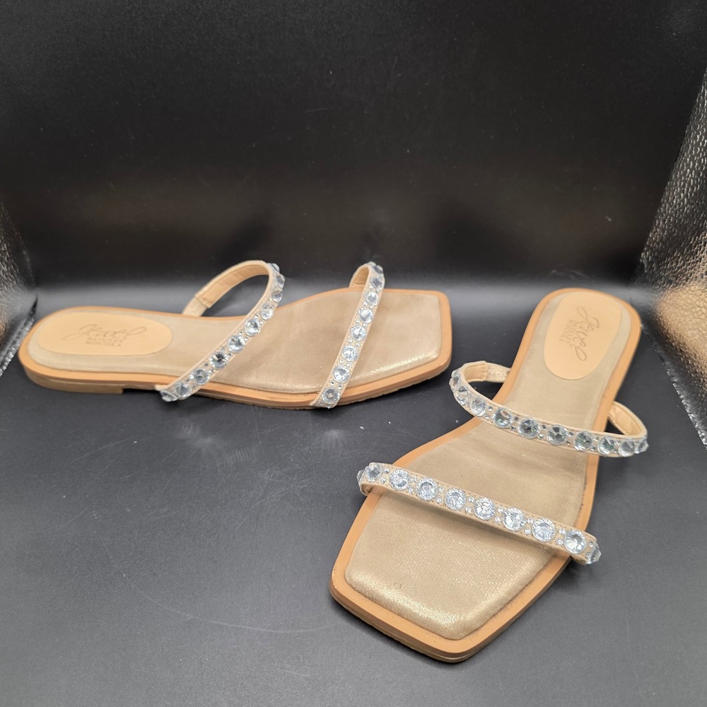 Jewel Badgley Mischka Womens Crystal Embellished Square Toe Flat Slide Sandals 9